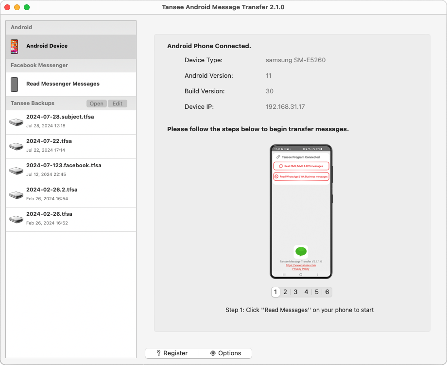 انسخ رسائل SMS وMMS وRCS ورسائل WhatsApp من هاتف Android إلى جهاز Mac الخاص بك