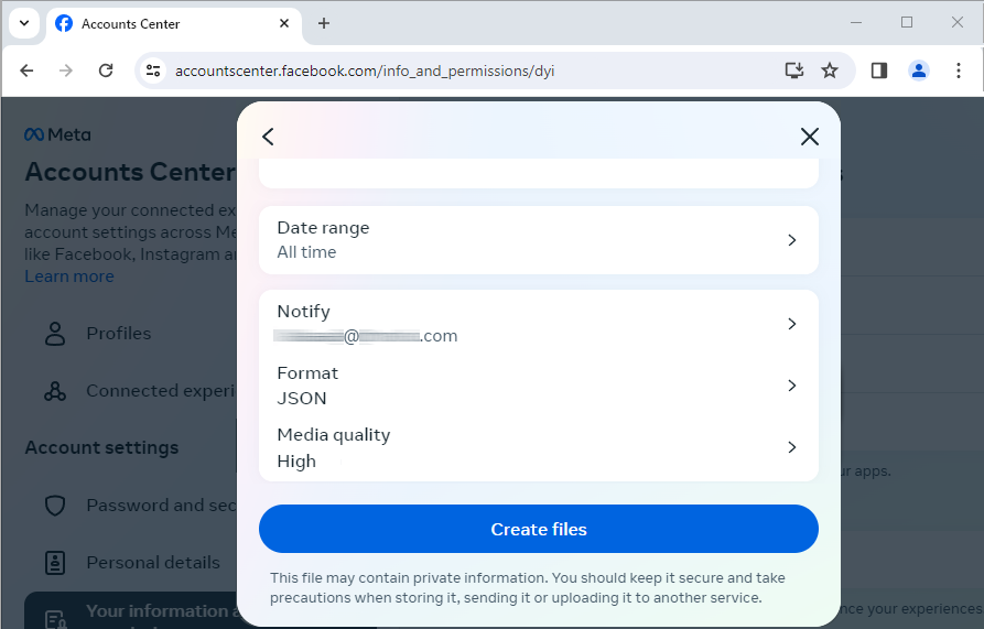 الخطوة 4. قم بتغيير التنسيق إلى JSON، وقم بتغيير نطاق البيانات وجودة الوسائط